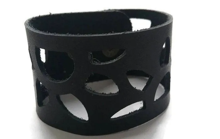 Sunflower Leather Band. Reclaimed Leather Wrist Cuff. Black  Bracelet