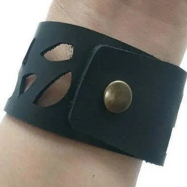 Sunflower Leather Band. Reclaimed Leather Wrist Cuff. Black  Bracelet
