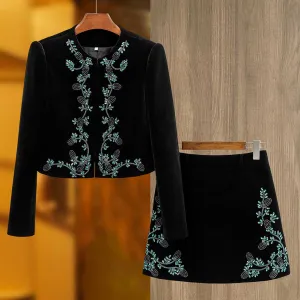 Tailored Velvet Coat Skirt Set Dark Green Hand-Beaded Mini Skirt Suit