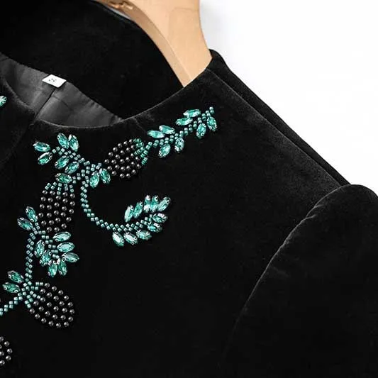 Tailored Velvet Coat Skirt Set Dark Green Hand-Beaded Mini Skirt Suit