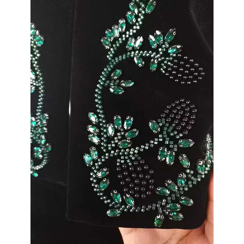 Tailored Velvet Coat Skirt Set Dark Green Hand-Beaded Mini Skirt Suit