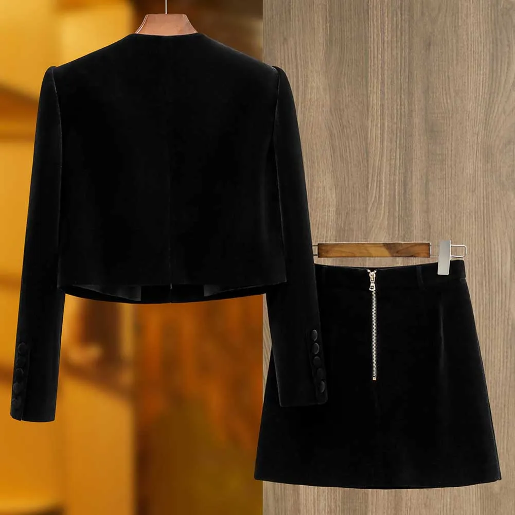 Tailored Velvet Coat Skirt Set Dark Green Hand-Beaded Mini Skirt Suit