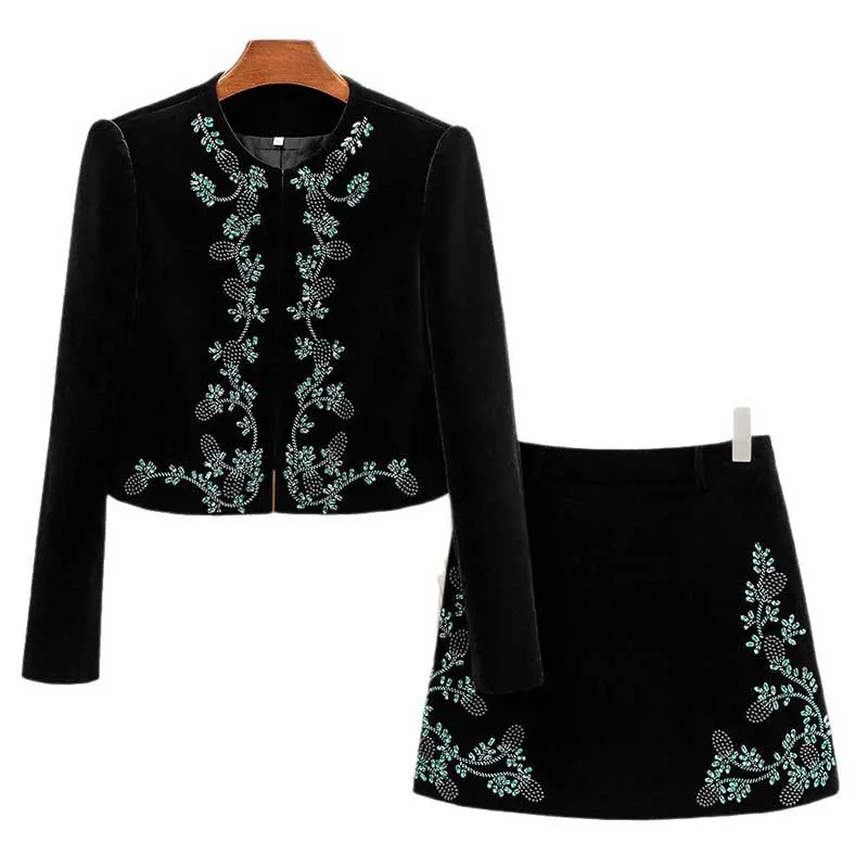 Tailored Velvet Coat Skirt Set Dark Green Hand-Beaded Mini Skirt Suit