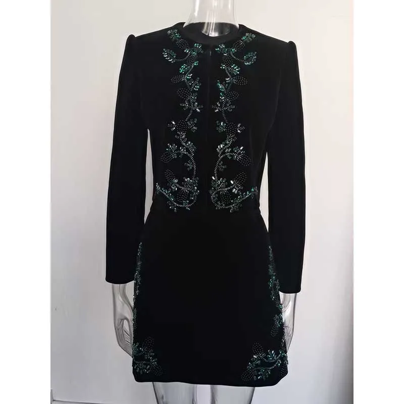 Tailored Velvet Coat Skirt Set Dark Green Hand-Beaded Mini Skirt Suit