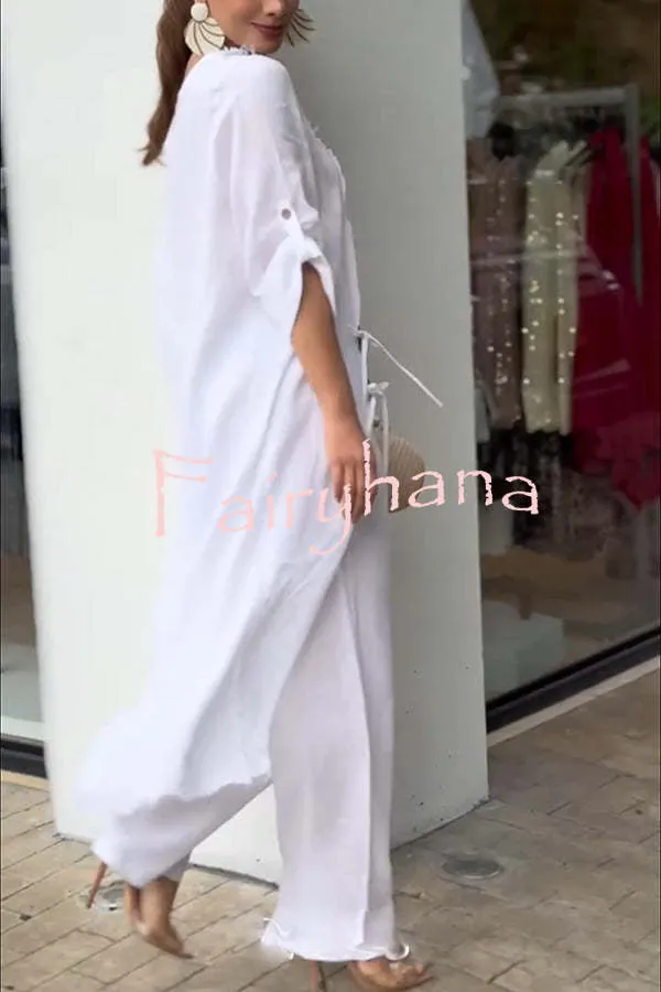 Tehla Linen Blend Ring Tie-up Detail Midi Blouse and Elastic Waist Pocketed Loose Pants Set