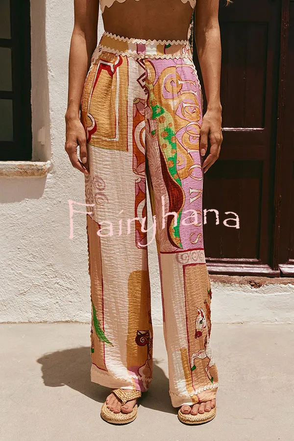 Tia Linen Blend Ric Rac Trims Unique Print Tank   Shirt   Pocketed Pants Set （3pieces）
