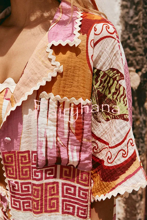 Tia Linen Blend Ric Rac Trims Unique Print Tank   Shirt   Pocketed Pants Set （3pieces）