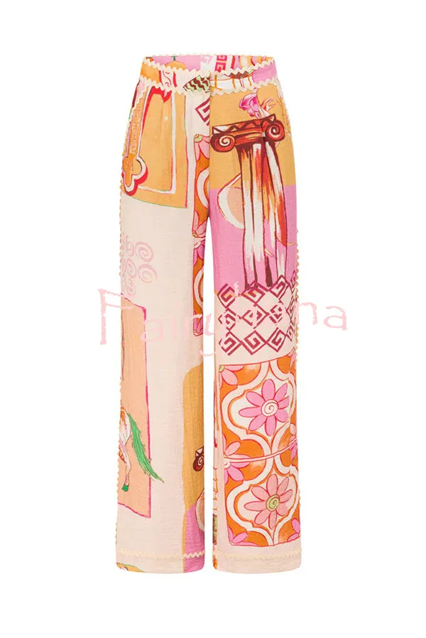 Tia Linen Blend Ric Rac Trims Unique Print Tank   Shirt   Pocketed Pants Set （3pieces）