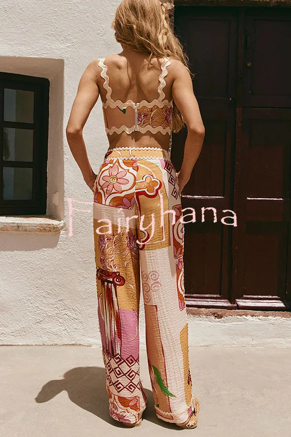 Tia Linen Blend Ric Rac Trims Unique Print Tank   Shirt   Pocketed Pants Set （3pieces）
