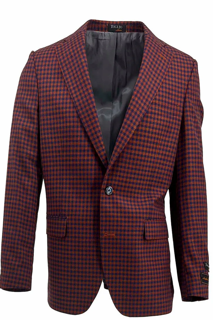 Tiglio Luxe Burnt Orange with Navy Mini Check Dolcetto Modern Fit, Pure Wool Jacket TL2704