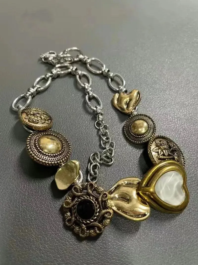 Vintage Brass Heart Button Choker Retro Beaded Short Necklace