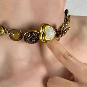 Vintage Brass Heart Button Choker Retro Beaded Short Necklace