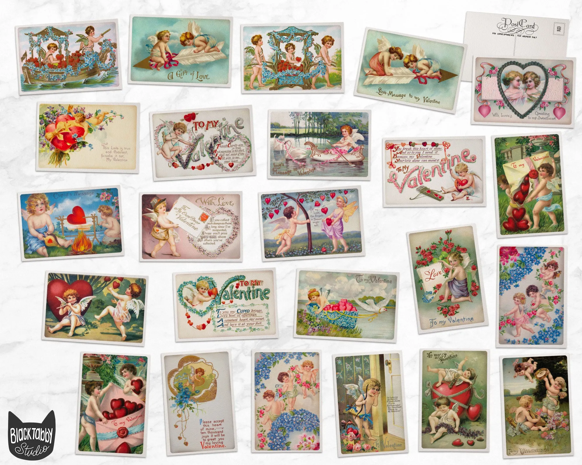 Vintage Cherubs Valentines Postcards - 24 Postcards