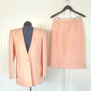 Vintage Pink Suit Linen Blazer and Pencil Skirt Pastel Career Shoulder Pads Med