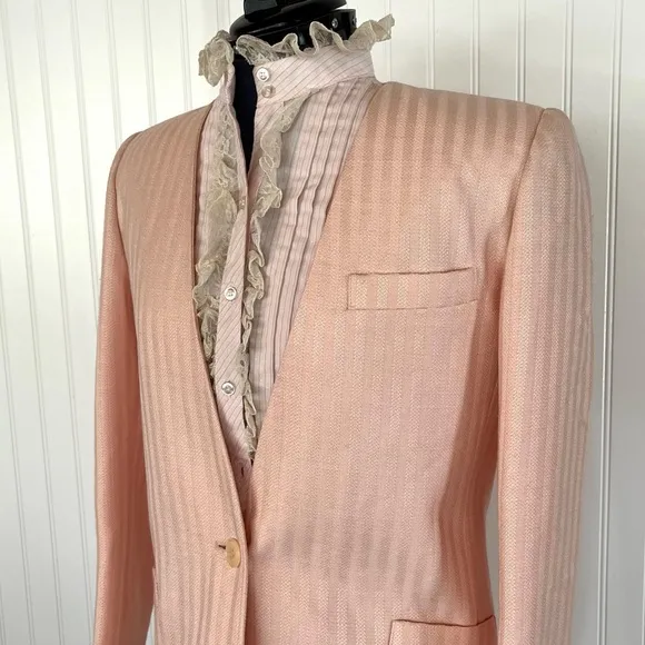 Vintage Pink Suit Linen Blazer and Pencil Skirt Pastel Career Shoulder Pads Med