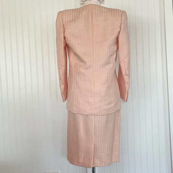 Vintage Pink Suit Linen Blazer and Pencil Skirt Pastel Career Shoulder Pads Med