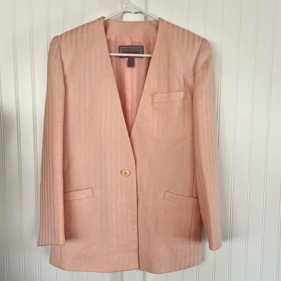 Vintage Pink Suit Linen Blazer and Pencil Skirt Pastel Career Shoulder Pads Med