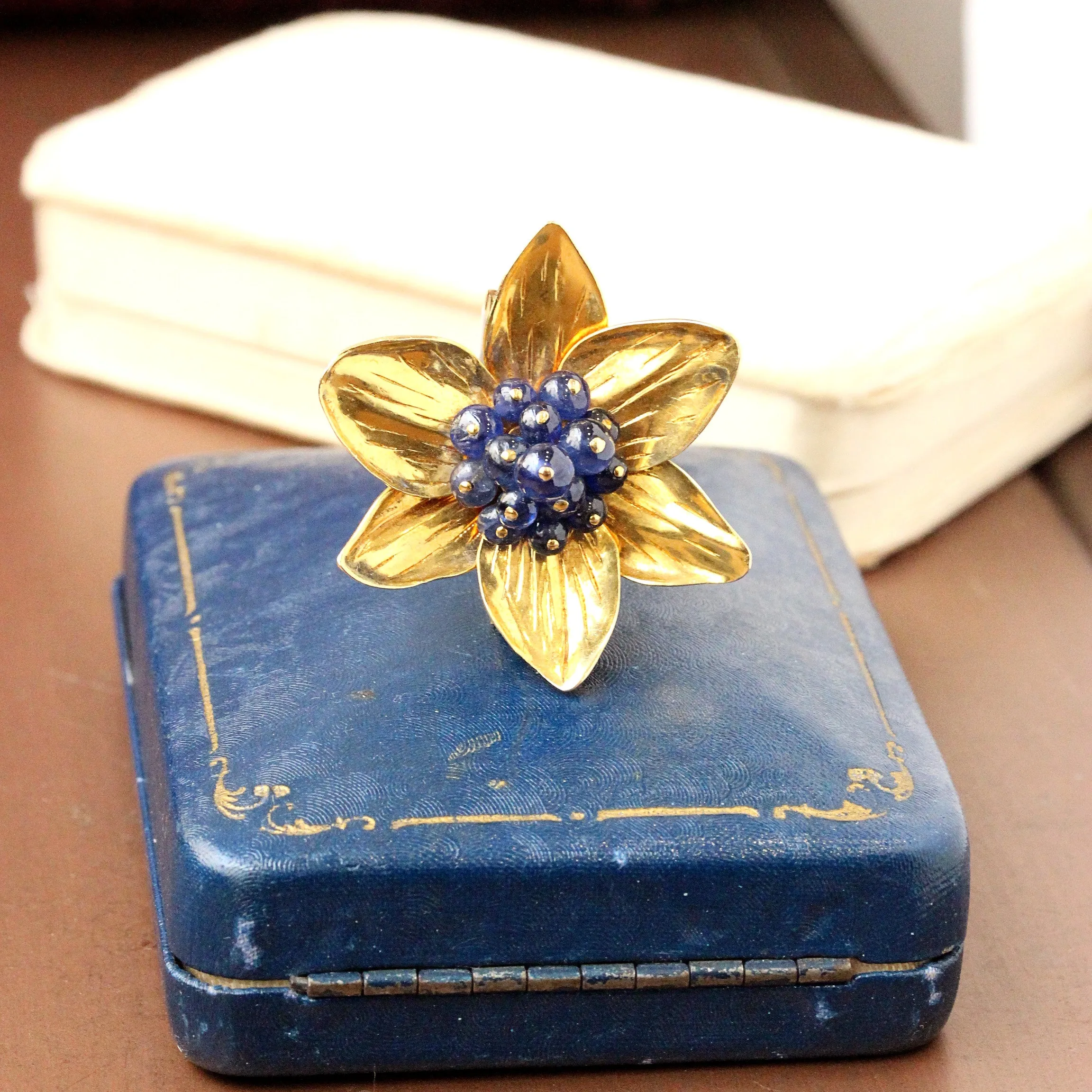 Vintage Sapphire Bead Flower Pin, 14k