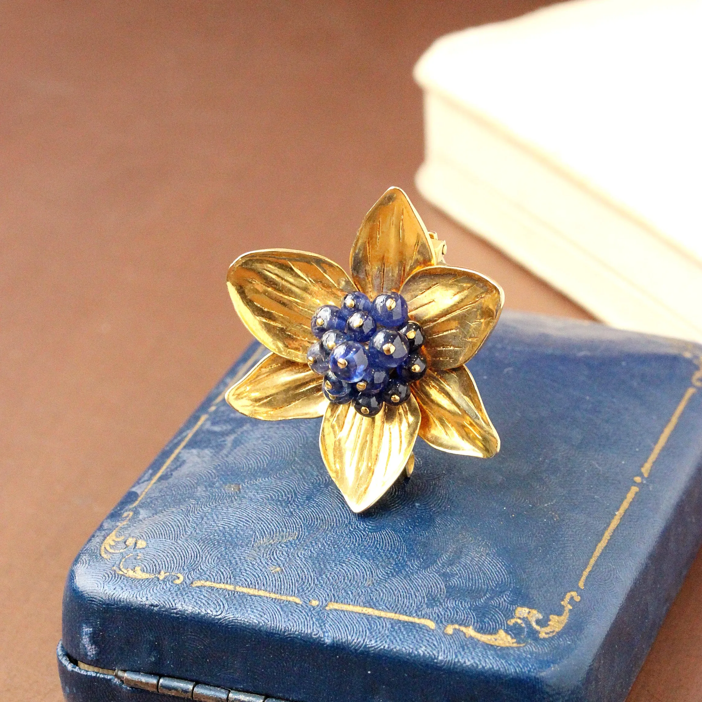 Vintage Sapphire Bead Flower Pin, 14k
