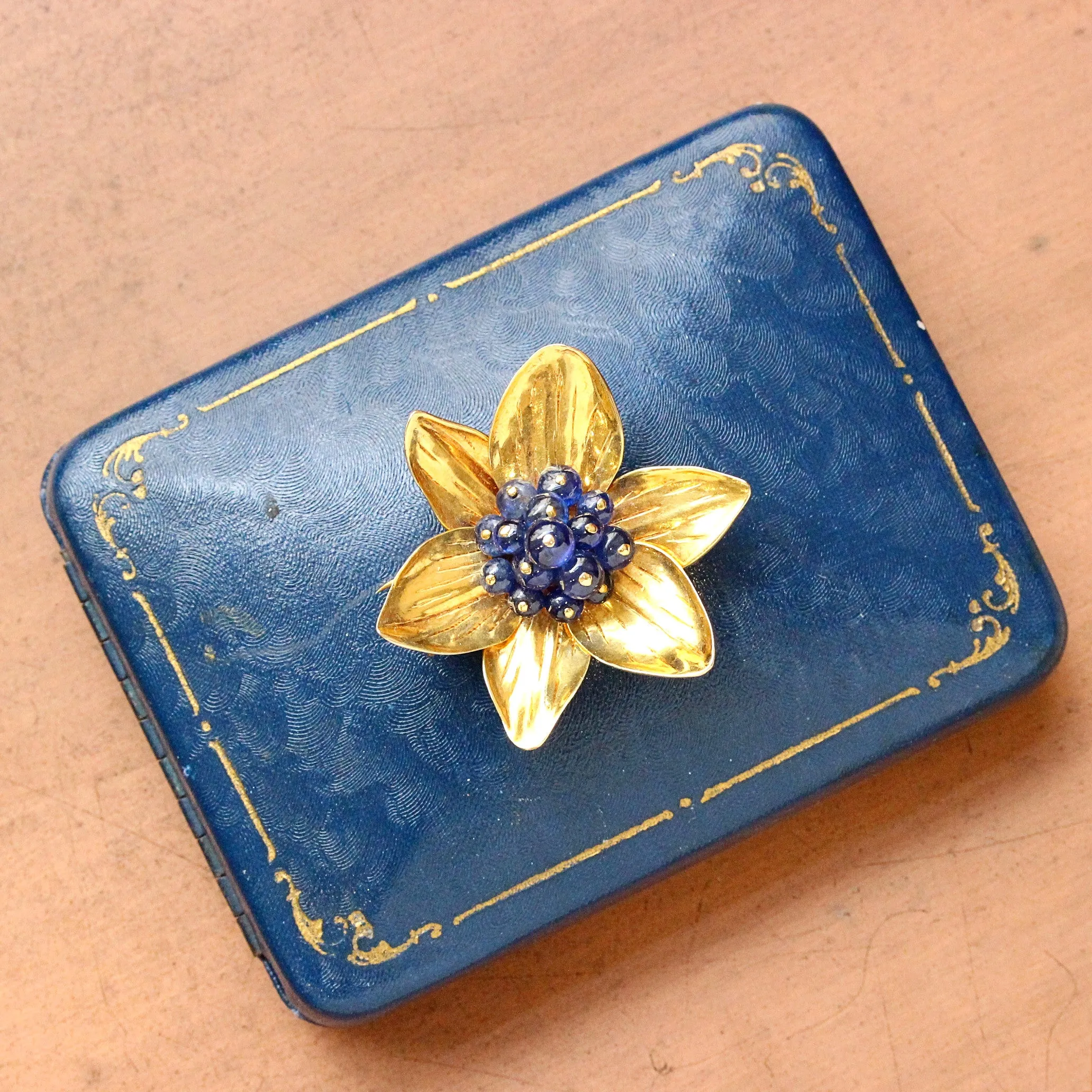Vintage Sapphire Bead Flower Pin, 14k