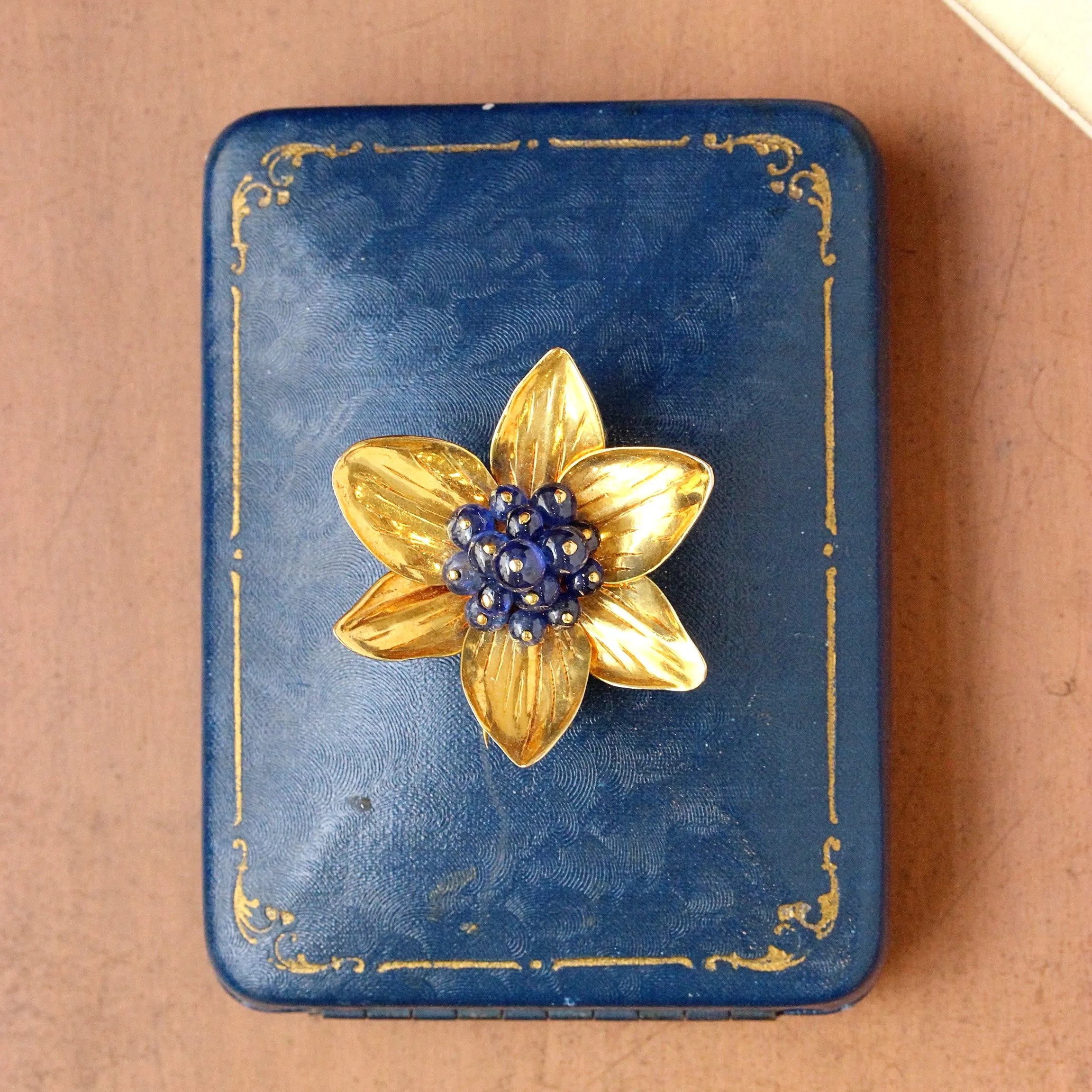 Vintage Sapphire Bead Flower Pin, 14k