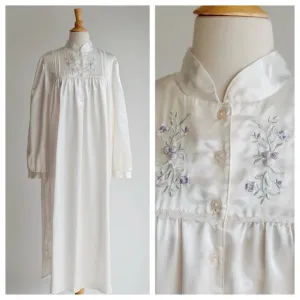 VINTAGE | White Satin Embroidered Flannel Lined Nightgown | M