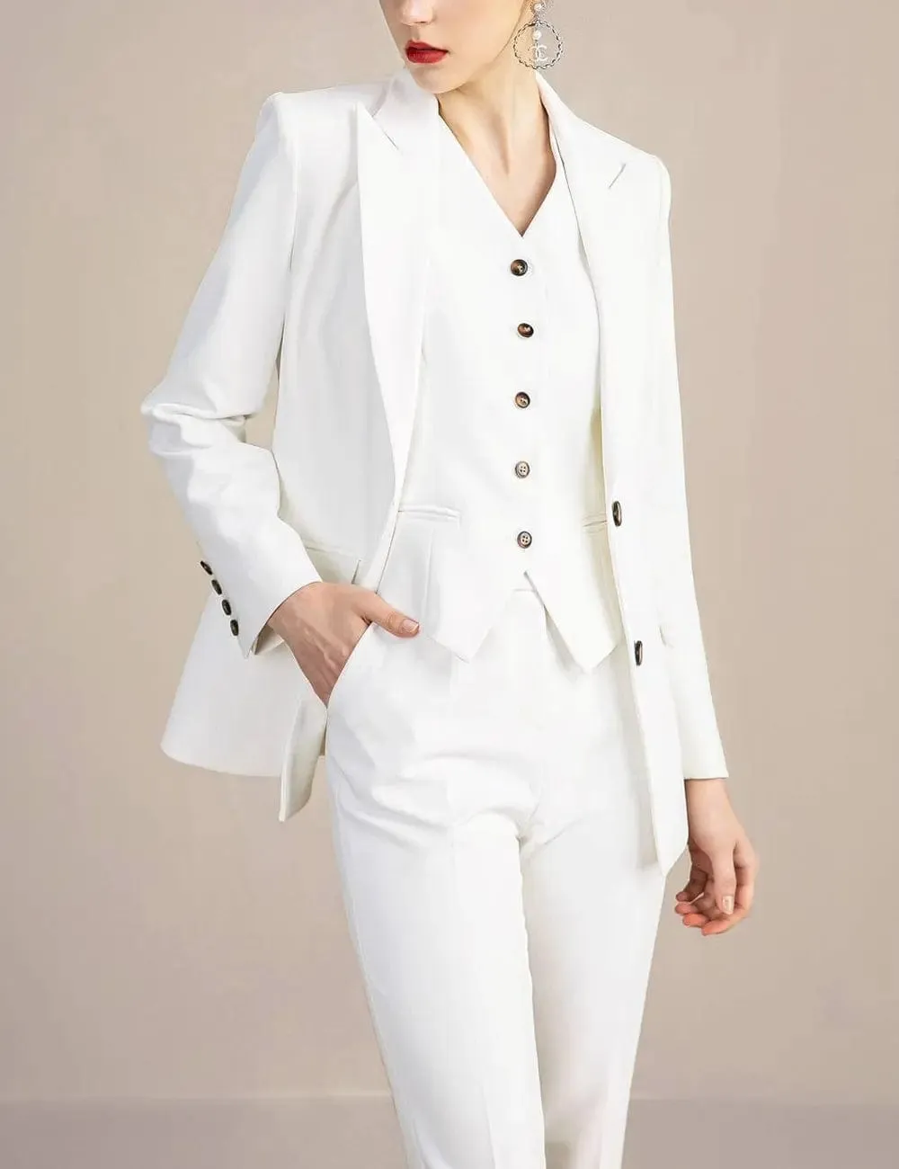 White 3 Pieces Slim Fit Peak Lapel Women Suit (Blazer Vest Pants)
