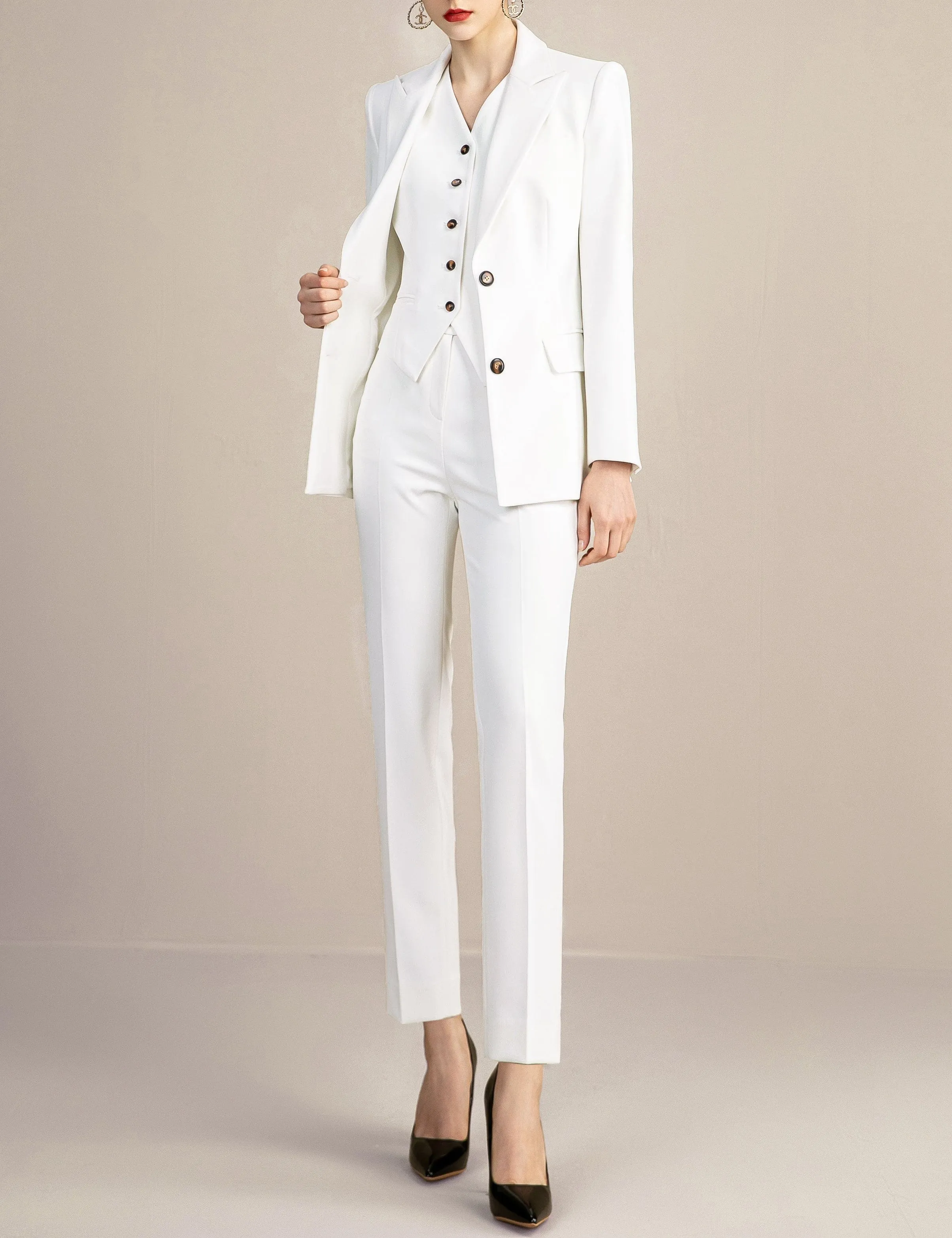 White 3 Pieces Slim Fit Peak Lapel Women Suit (Blazer Vest Pants)