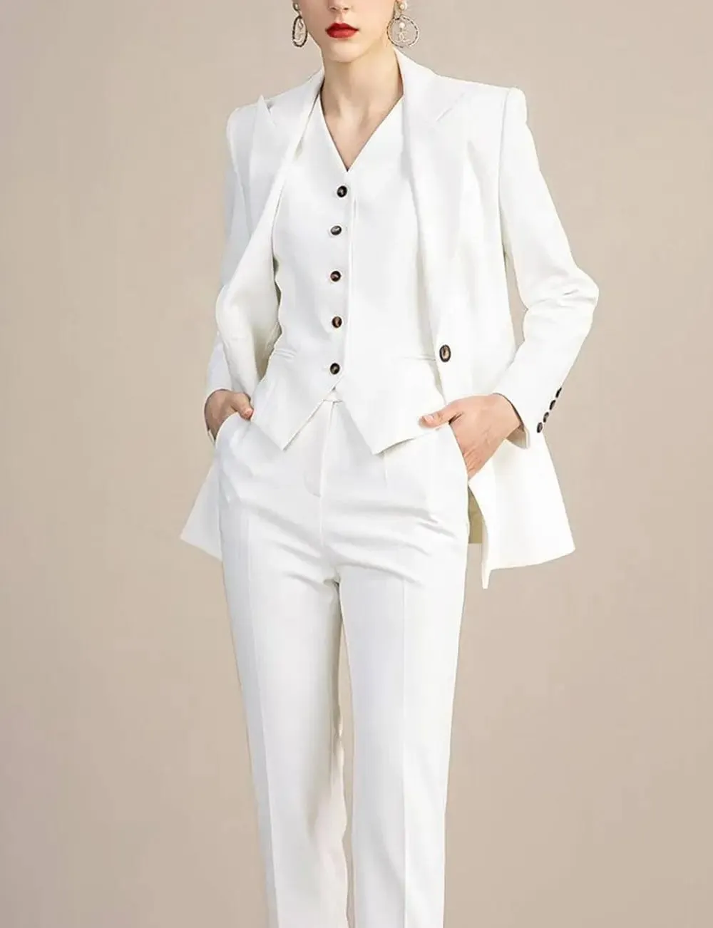 White 3 Pieces Slim Fit Peak Lapel Women Suit (Blazer Vest Pants)
