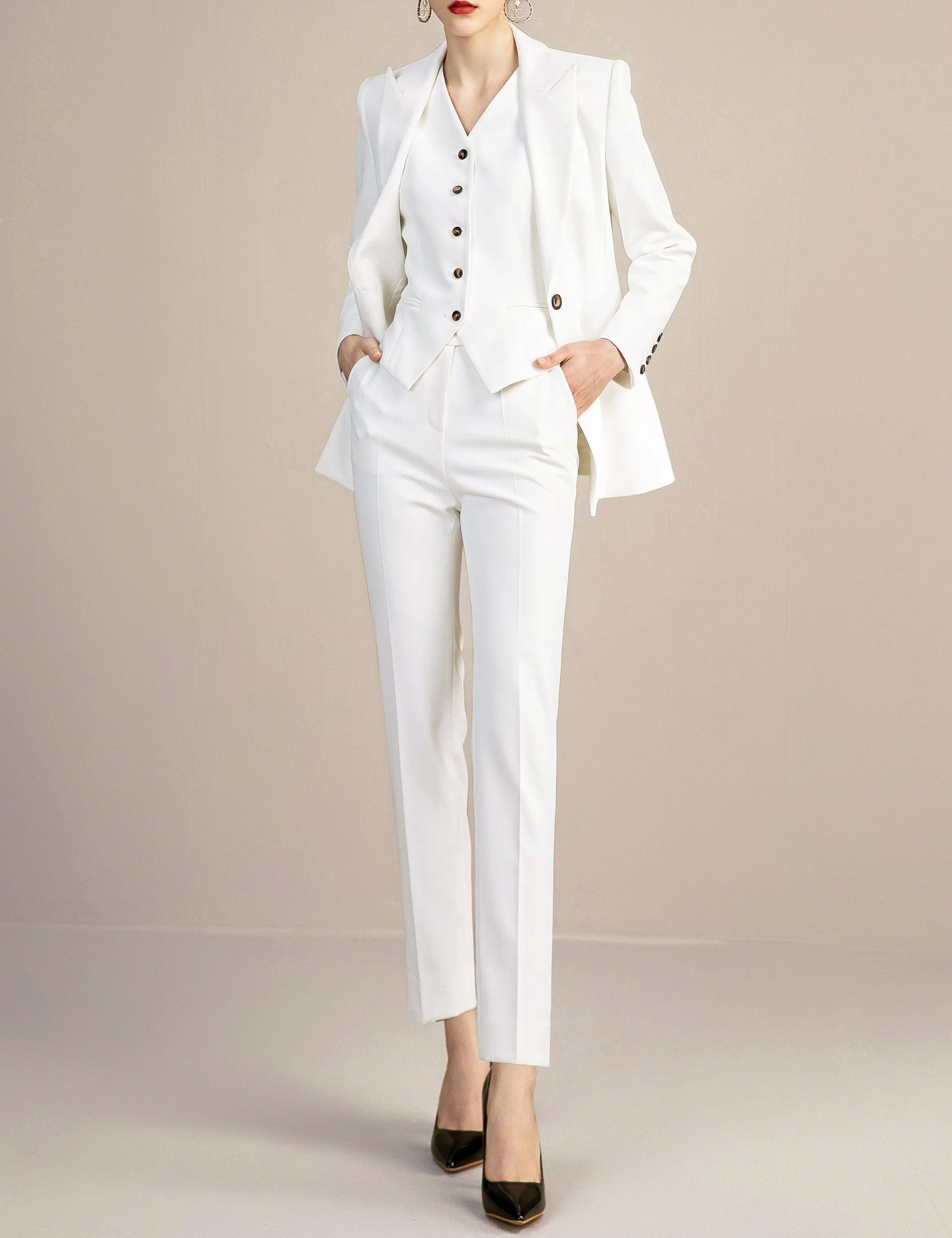 White 3 Pieces Slim Fit Peak Lapel Women Suit (Blazer Vest Pants)