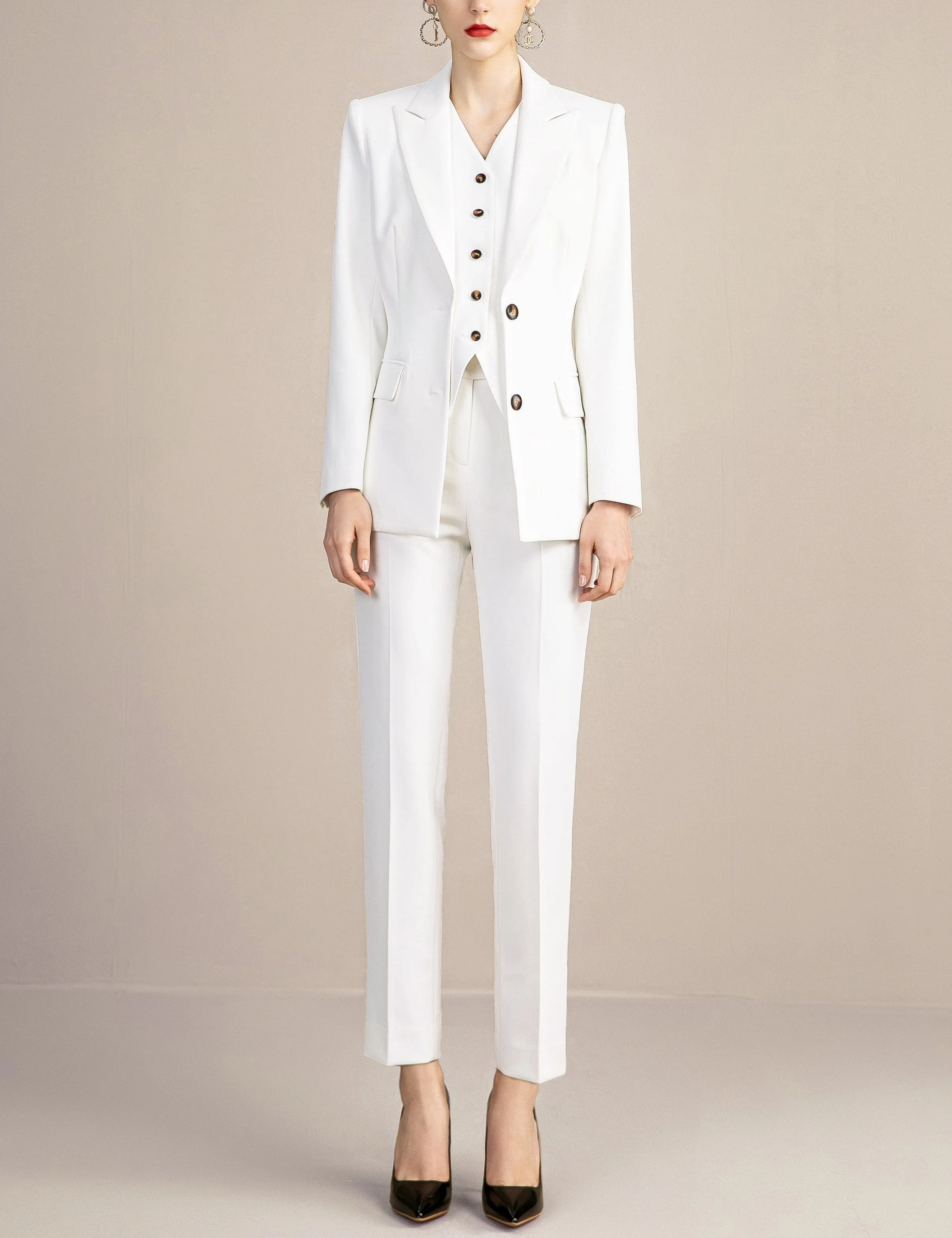 White 3 Pieces Slim Fit Peak Lapel Women Suit (Blazer Vest Pants)