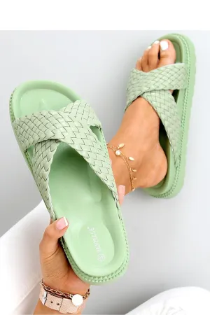 Woman Flat Sandals Green Criss Cross Weave Flip-Flips