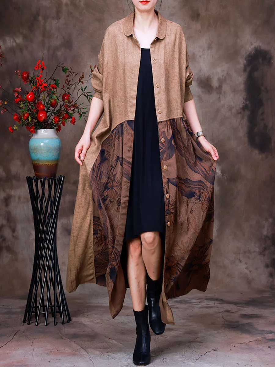 Women Cotton Linen Patchwork Vintage Long Cardigan