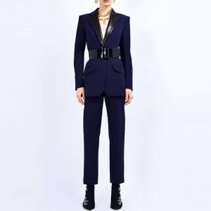 Women Dark Blue Pant Suits 2 Piece Fashion Suits with Belt Blazer Pant Formal Suits