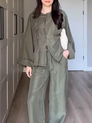 Women Solid Color Round Neck Long Sleeve Loose Cardigan Top High Waist Wide Leg Pants Casual Linen Suit