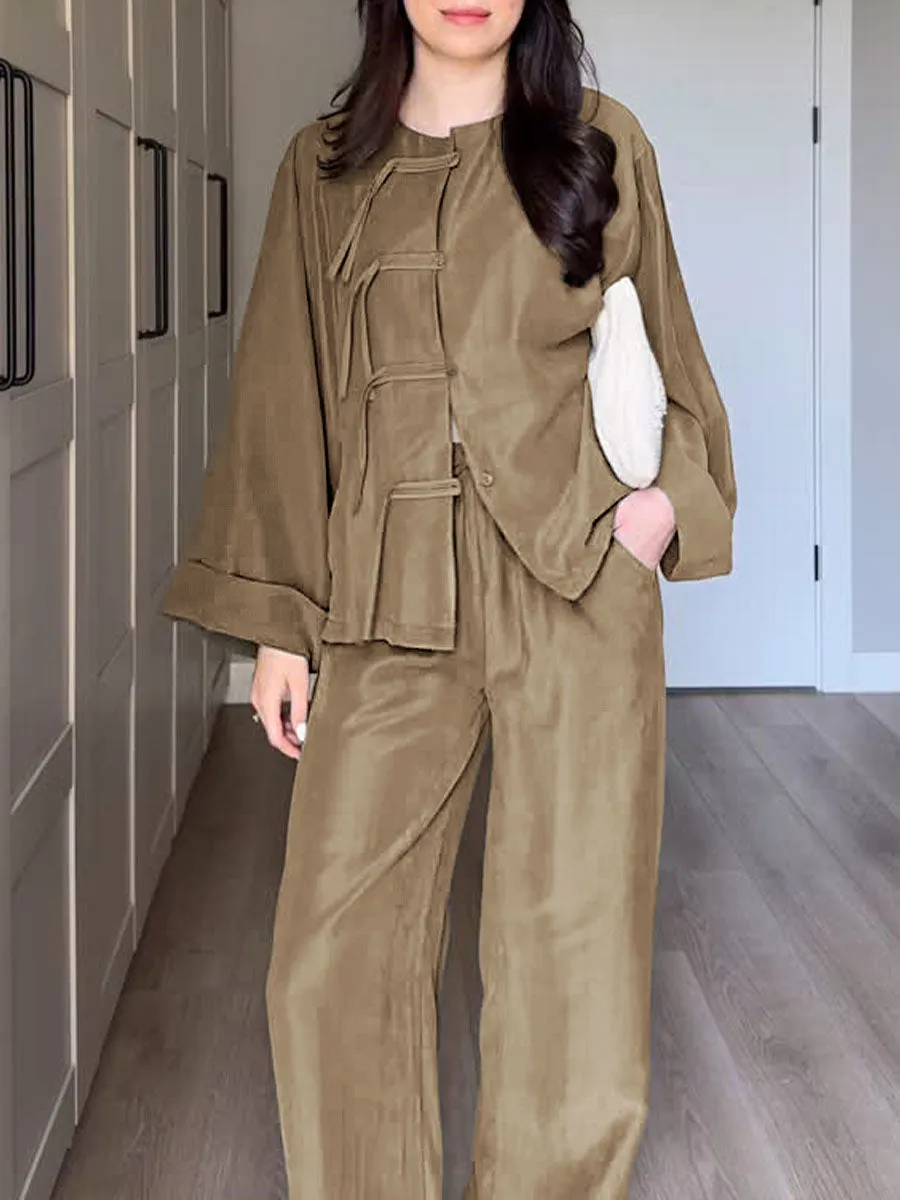Women Solid Color Round Neck Long Sleeve Loose Cardigan Top High Waist Wide Leg Pants Casual Linen Suit