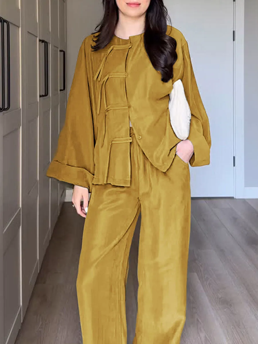 Women Solid Color Round Neck Long Sleeve Loose Cardigan Top High Waist Wide Leg Pants Casual Linen Suit