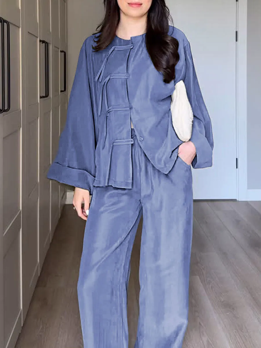 Women Solid Color Round Neck Long Sleeve Loose Cardigan Top High Waist Wide Leg Pants Casual Linen Suit