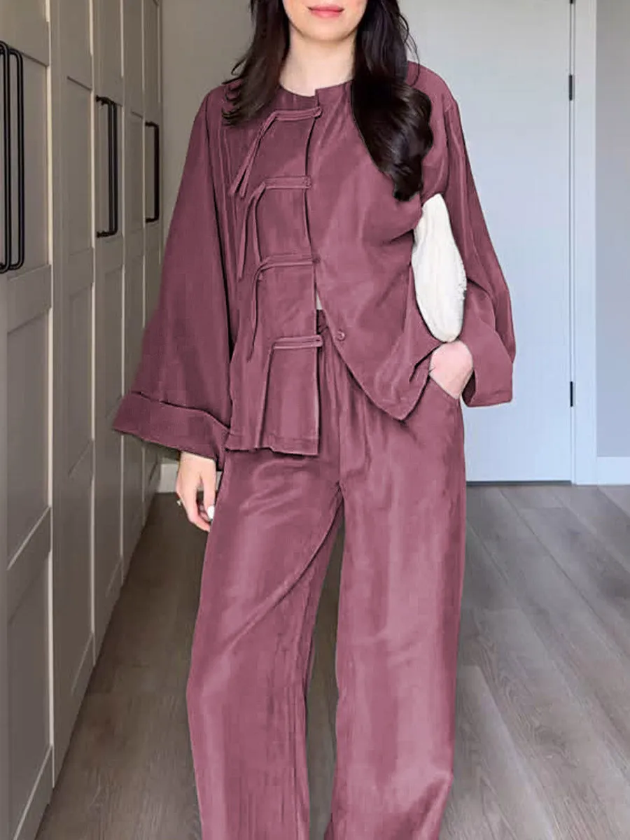 Women Solid Color Round Neck Long Sleeve Loose Cardigan Top High Waist Wide Leg Pants Casual Linen Suit
