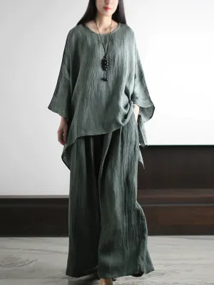 Women Summer Vintage Pure Color 100%Linen Suits