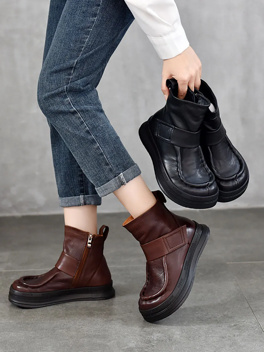 Women Vintage Soft Leather Spliced Flat Ankle Boots