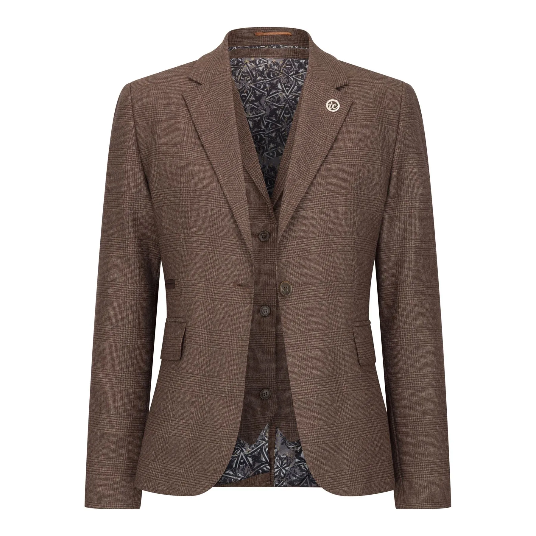 Women's Brown Three-Piece Tailored Fit Suit in Prince of Wales Check