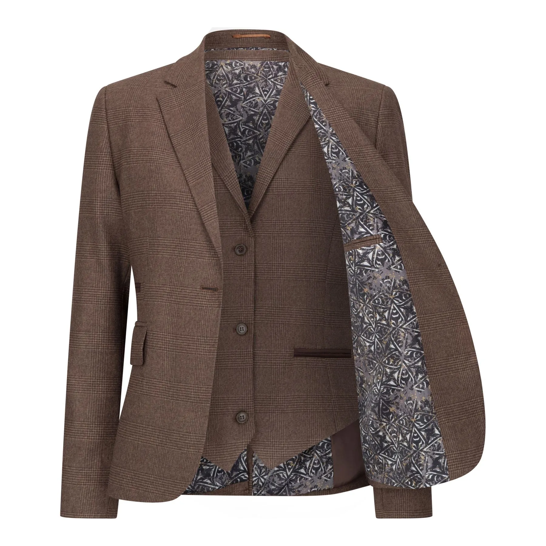 Women's Brown Three-Piece Tailored Fit Suit in Prince of Wales Check