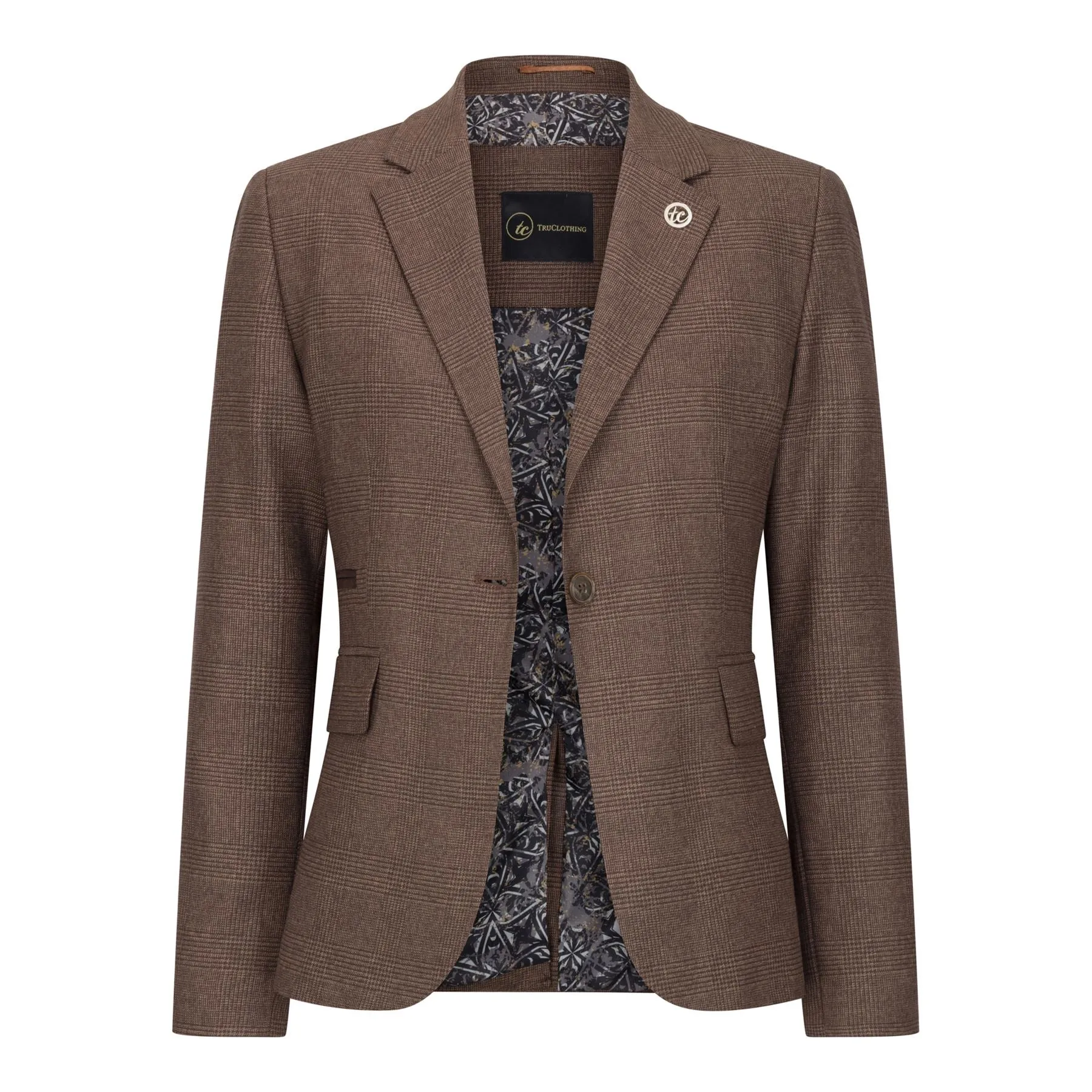 Women's Brown Three-Piece Tailored Fit Suit in Prince of Wales Check