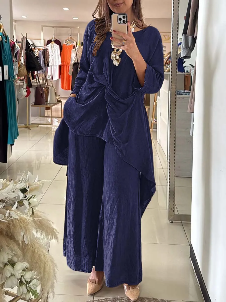Women's Round Neck Twisted 3/4 Sleeves Casual Linen Two-Piece Suit