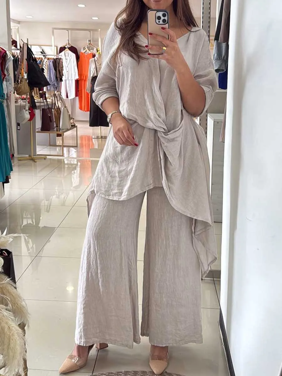 Women's Round Neck Twisted 3/4 Sleeves Casual Linen Two-Piece Suit