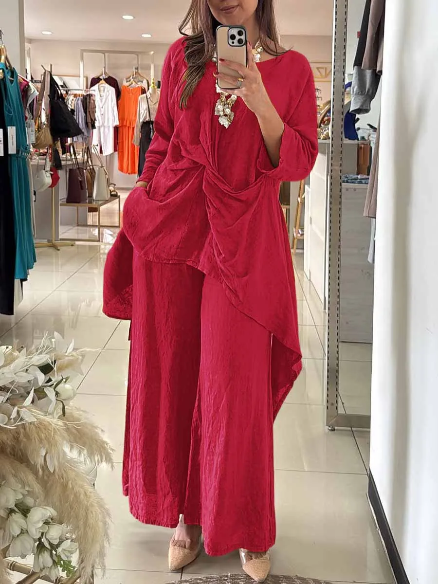 Women's Round Neck Twisted 3/4 Sleeves Casual Linen Two-Piece Suit