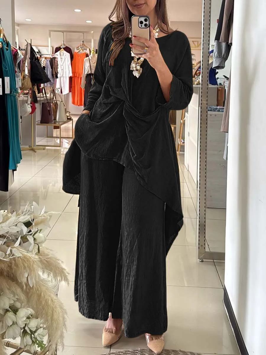 Women's Round Neck Twisted 3/4 Sleeves Casual Linen Two-Piece Suit