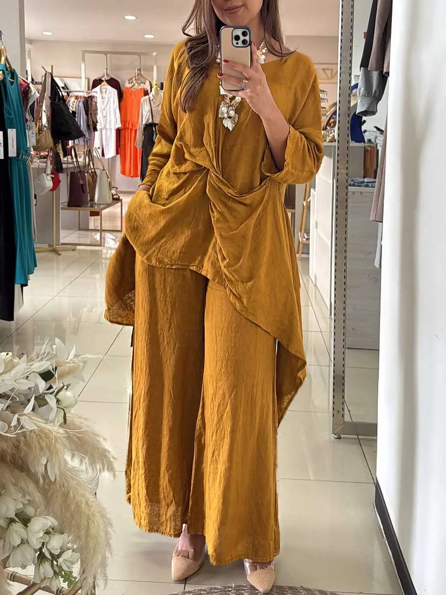 Women's Round Neck Twisted 3/4 Sleeves Casual Linen Two-Piece Suit