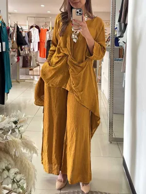 Women's Round Neck Twisted 3/4 Sleeves Casual Linen Two-Piece Suit
